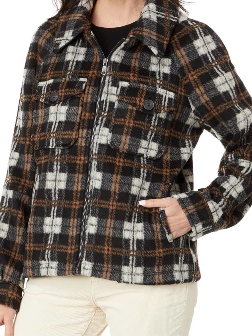 Avec Les Filles Black, White & Brown Plaid Zip-Front Jacket